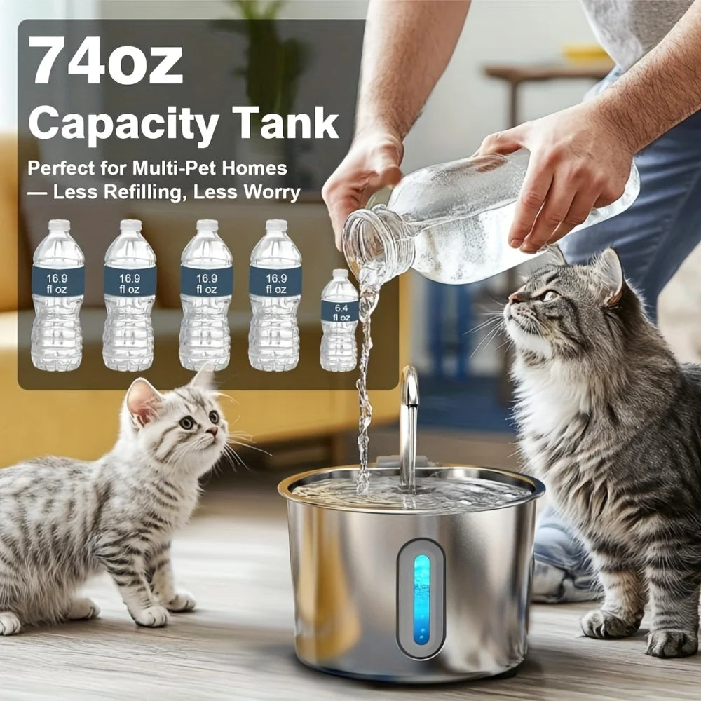 Pet Water Fountain for Cats 74oz/2.2L Stainless Steel Drinking Dispenser
